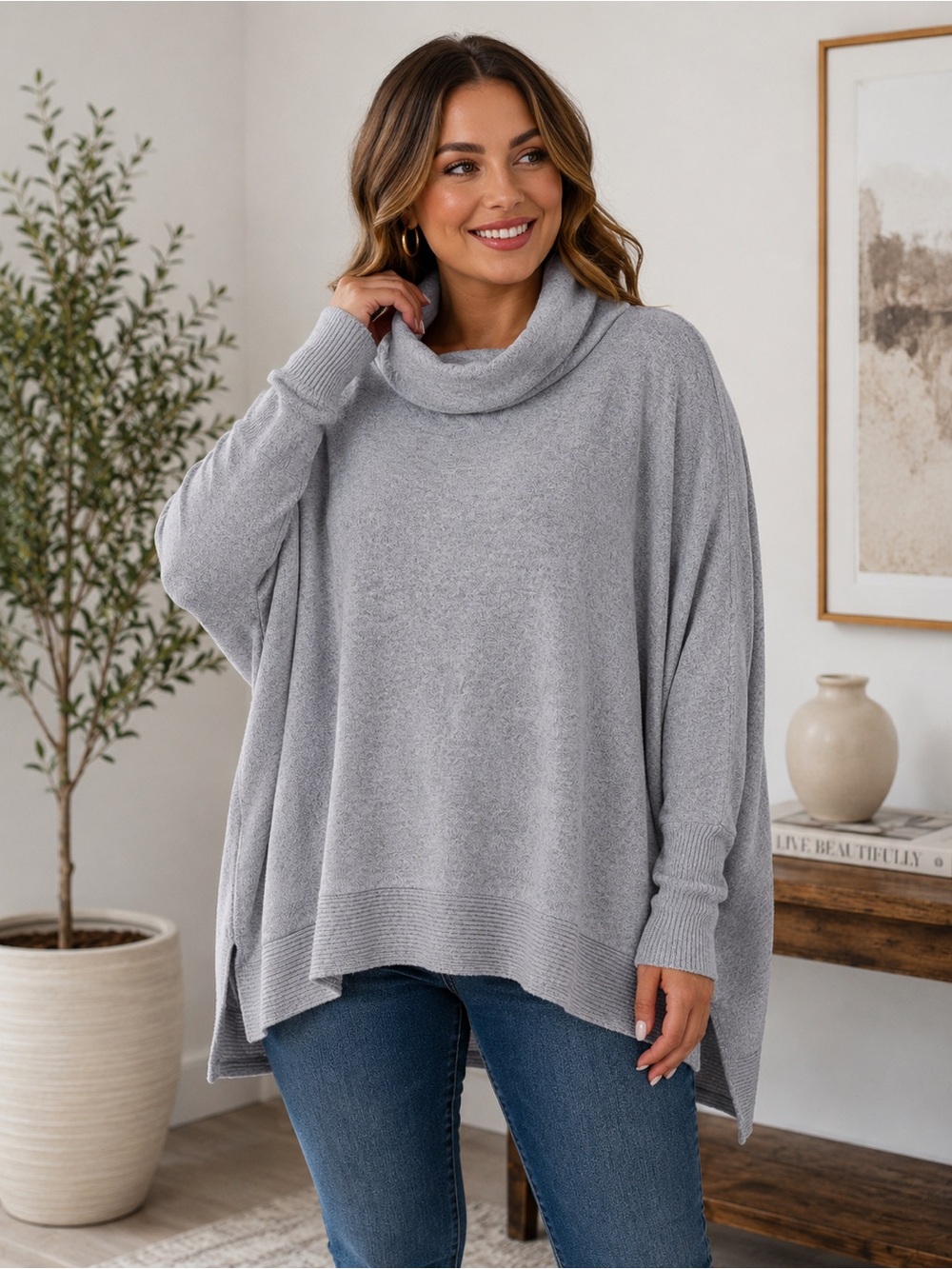 Zenana Gray Oversized Cowl Neck Poncho Sweater Tunic XL